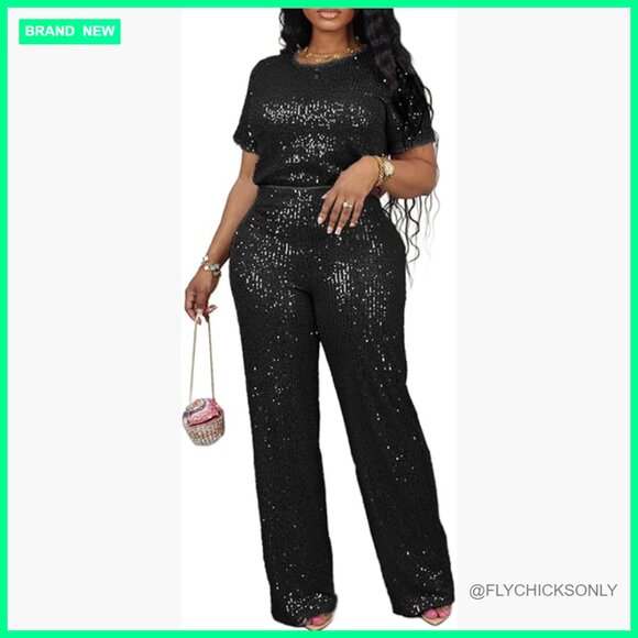 Pants - Sequin 2 Piece Outfit Cap Sleeve Versatile Dressy Sparkle Pants Set